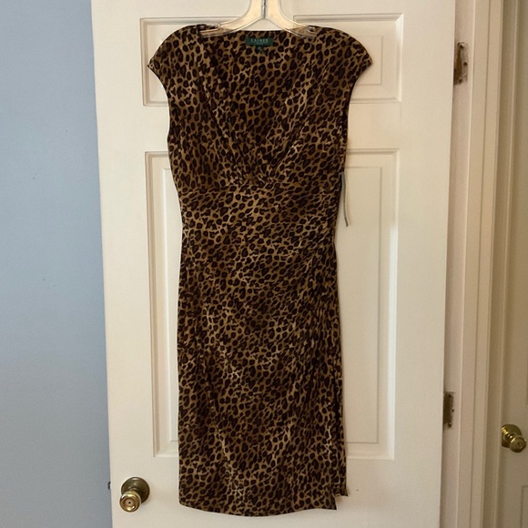 Lauren Ralph Lauren Jersey Sheath Dress Animal Print Faux Wrap Ruched Sz 12 NWT - Picture 1 of 10